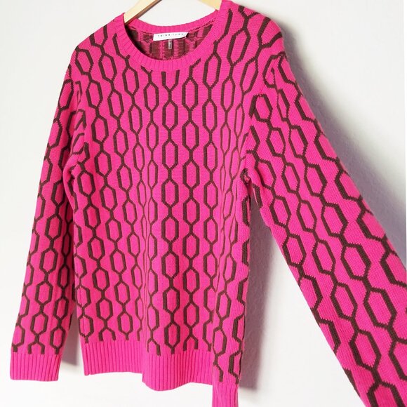 Trina Turk Merino Wool Pink Brown Geometric Honeycomb Crewneck Sweater Size M - Picture 11 of 14